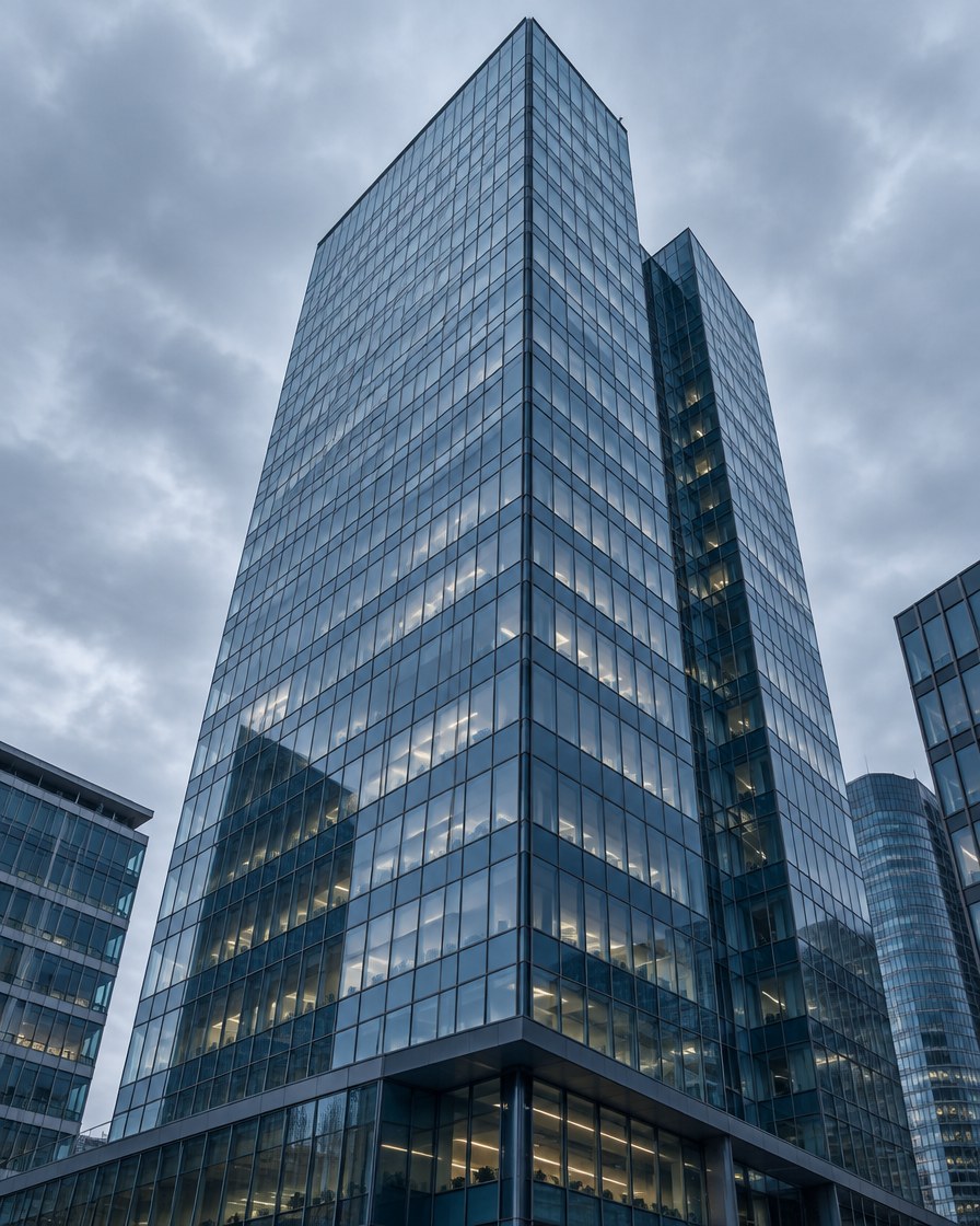 Glass office tower against a cloudy sky