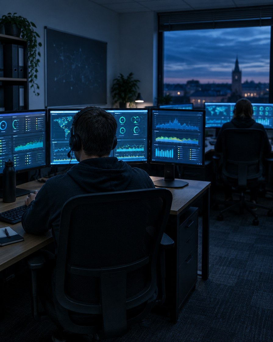 Engineer monitoring client systems on several screens