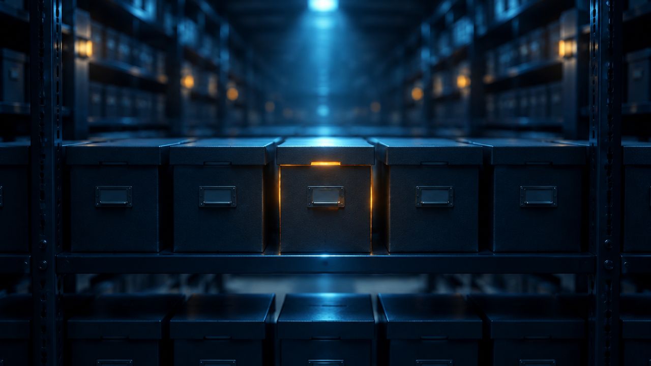 Row of identical archive boxes on dark shelving, with one box glowing amber under a spotlight to show an anomaly