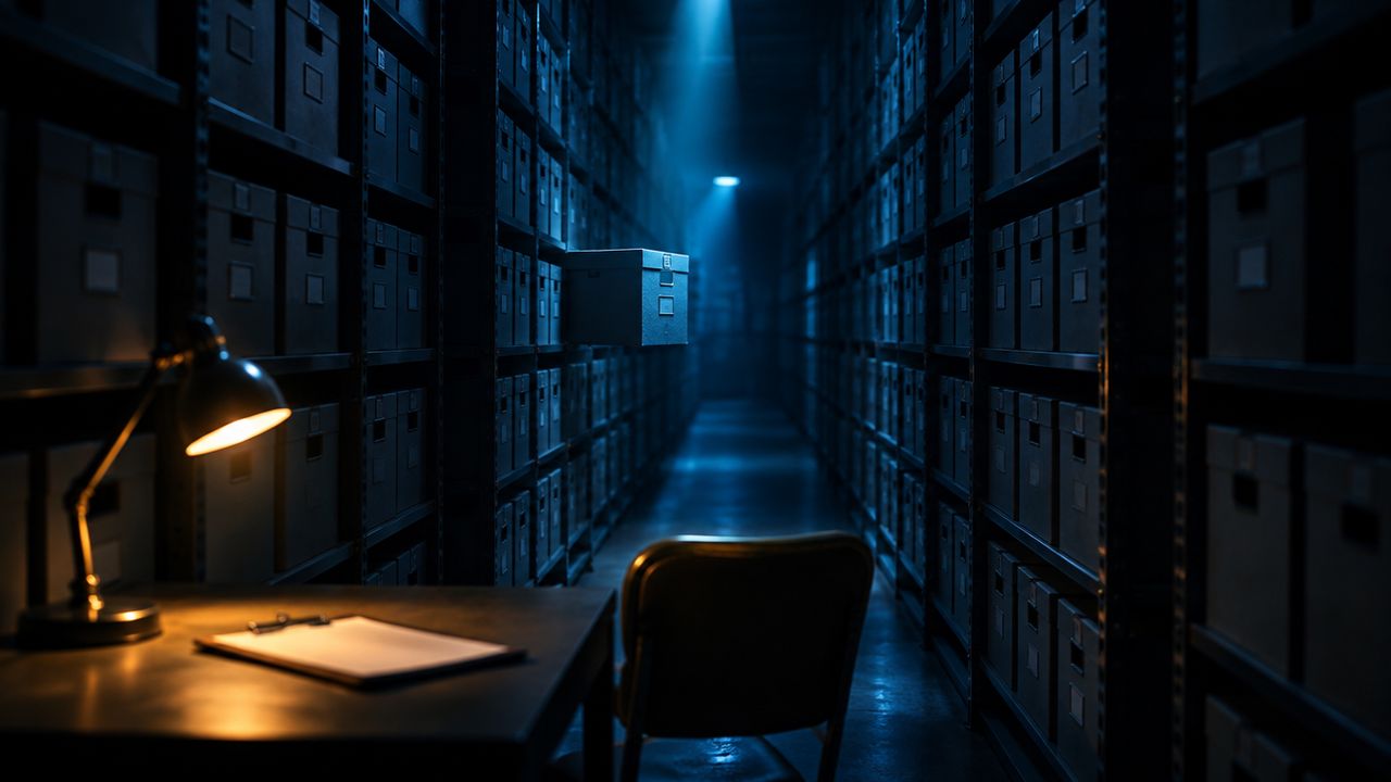 Archive shelves of identical boxes, one lit by a cyan beam, with an amber lamp and empty chair, showing flagged backups
