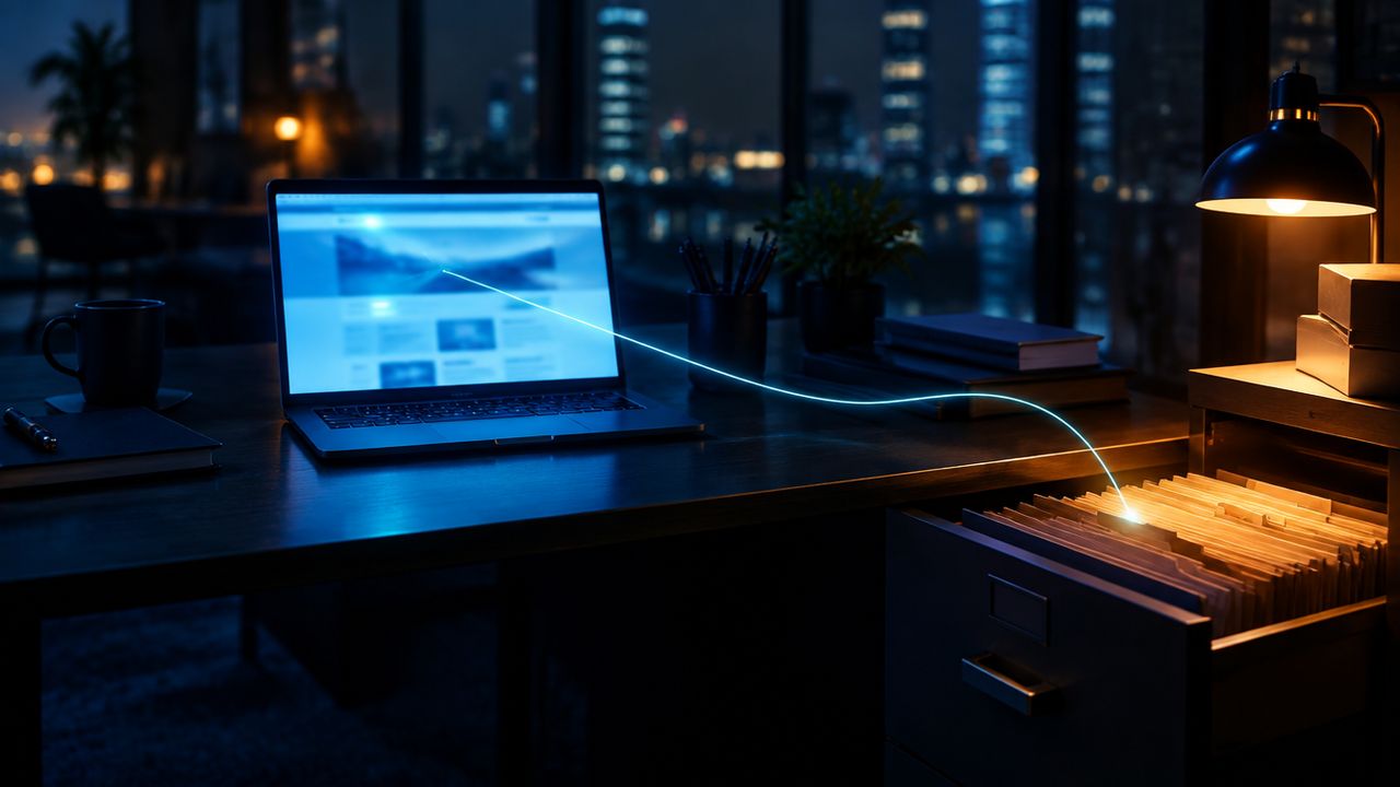 Laptop on a dark desk with a thin thread of light running from the screen into an open drawer of company files
