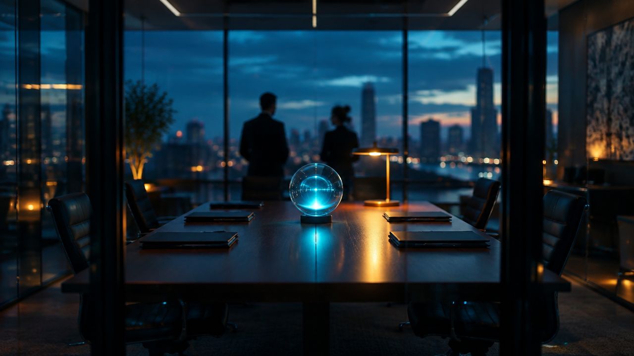 A glowing glass sphere on a meeting table surrounded by closed folders, symbolising governance and oversight of AI systems