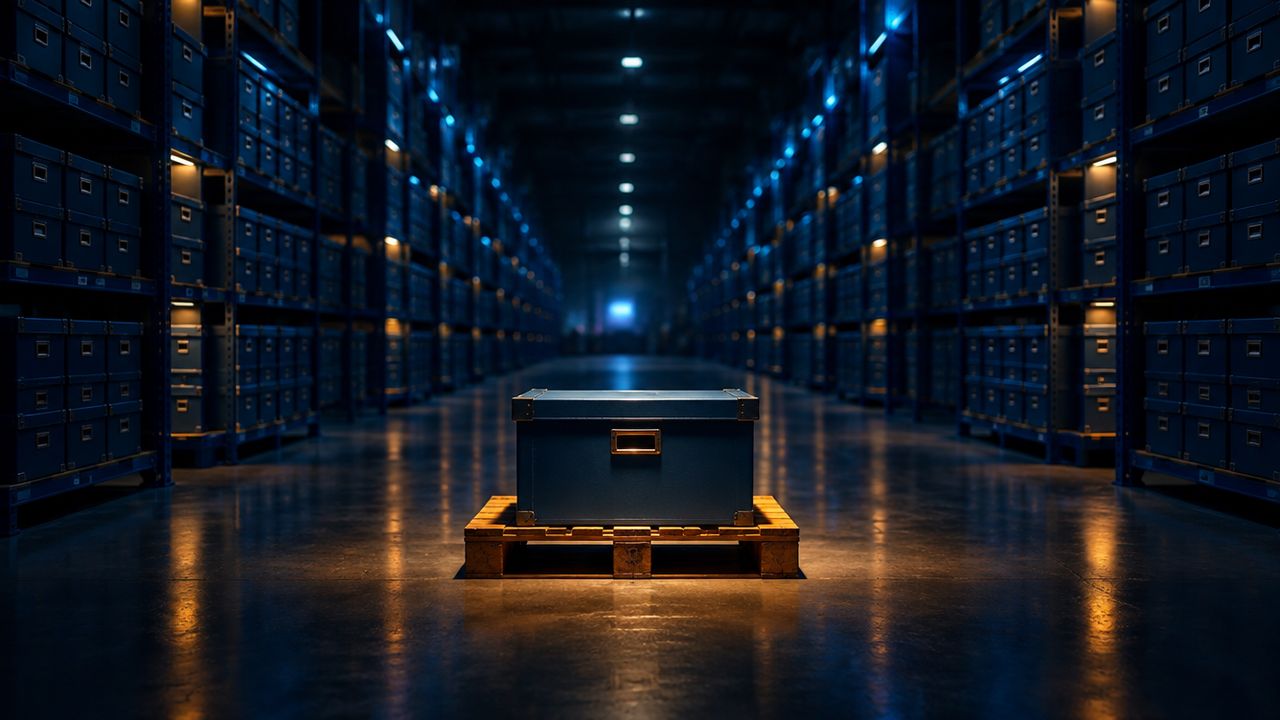 Archive case lit amber on its own pallet in front of endless blue-lit storage shelves, showing a separate backup copy