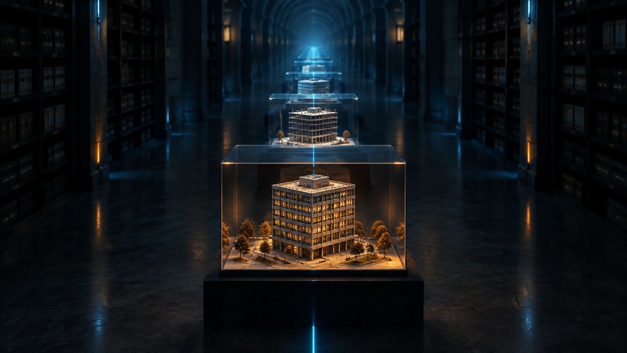 Corridor of sealed glass cases each holding the same office model, lit amber in front, showing restore points over time