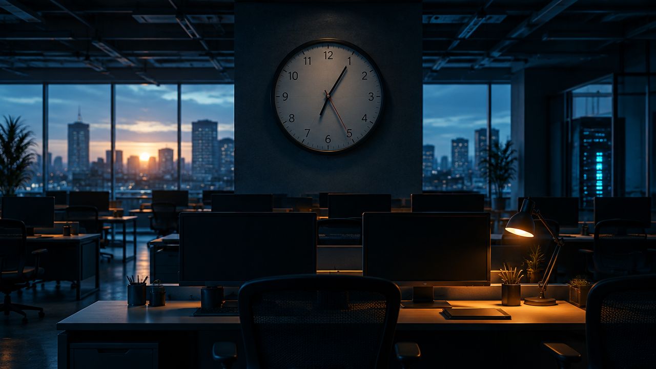 A wall clock above an empty open-plan office with dark monitors, illustrating work stopping during IT downtime