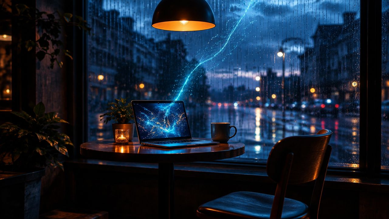 Unattended open laptop on a café table by a rainy window at dusk, showing how business data travels outside the office