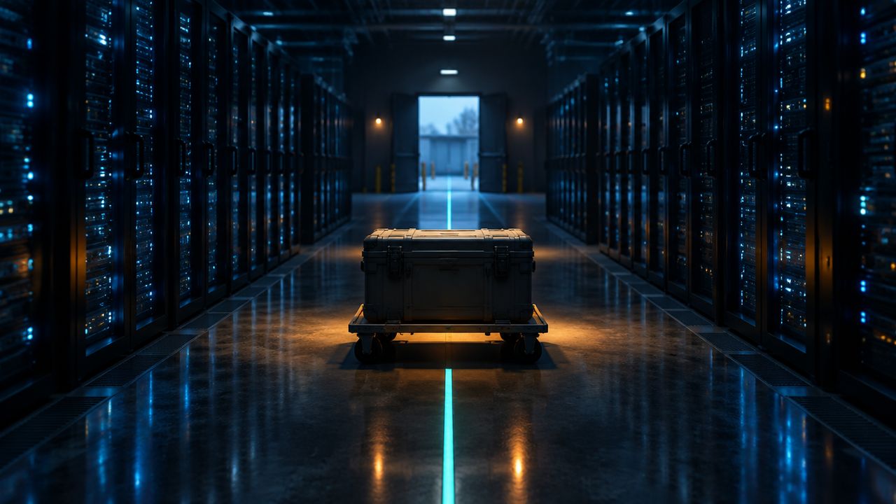 Server hall aisle with a sealed transport case on a trolley, ready to take a copy of the data outside the building