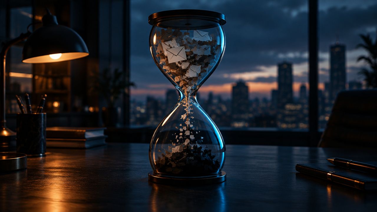 Hourglass on a dark desk with paper fragments falling and fading, a metaphor for native recovery windows running out