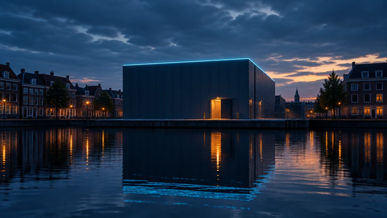 Modern data centre on a canal waterfront in a European city at dusk, with cyan roof light and an amber-lit doorway