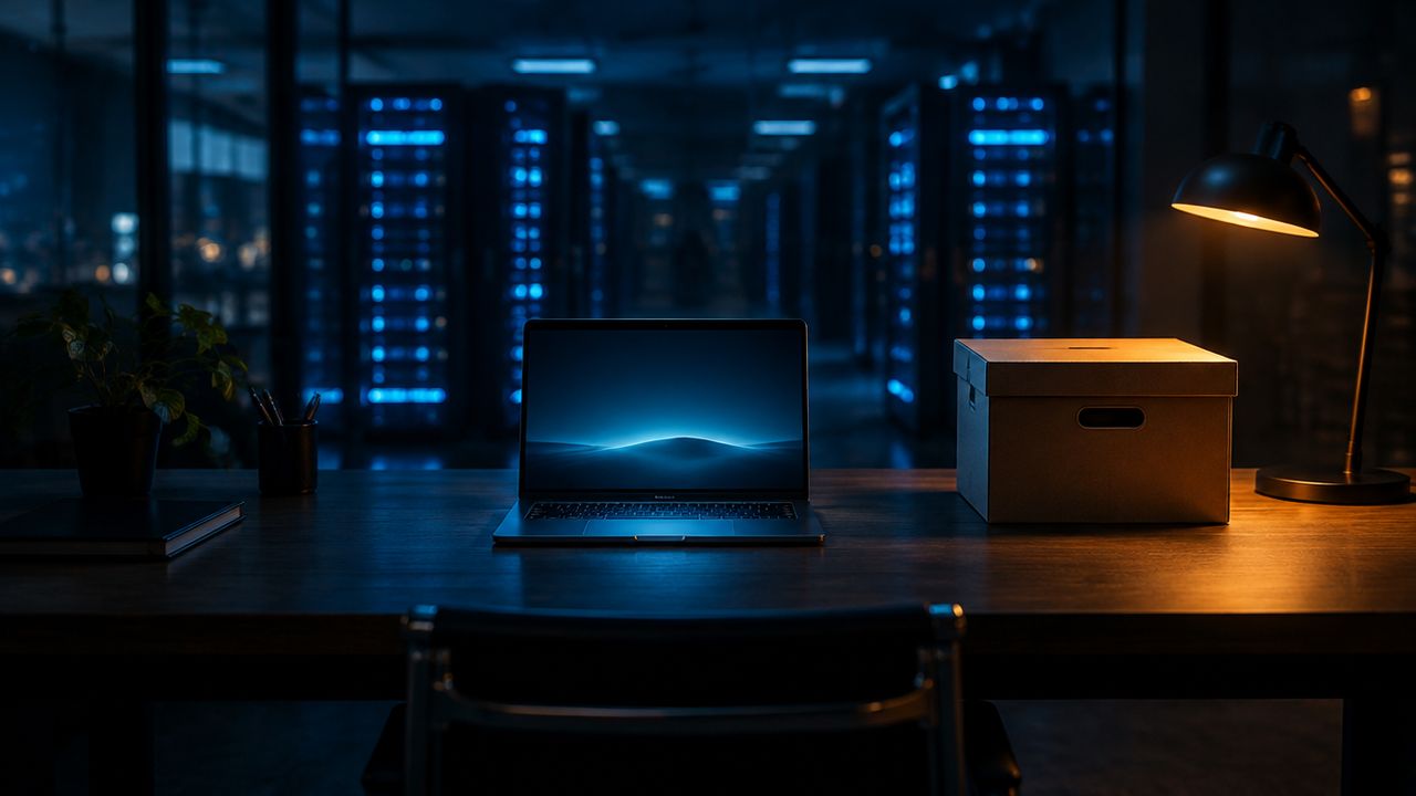 Laptop and a sealed archive box under an amber lamp, with blurred server racks behind, showing a separate backup copy