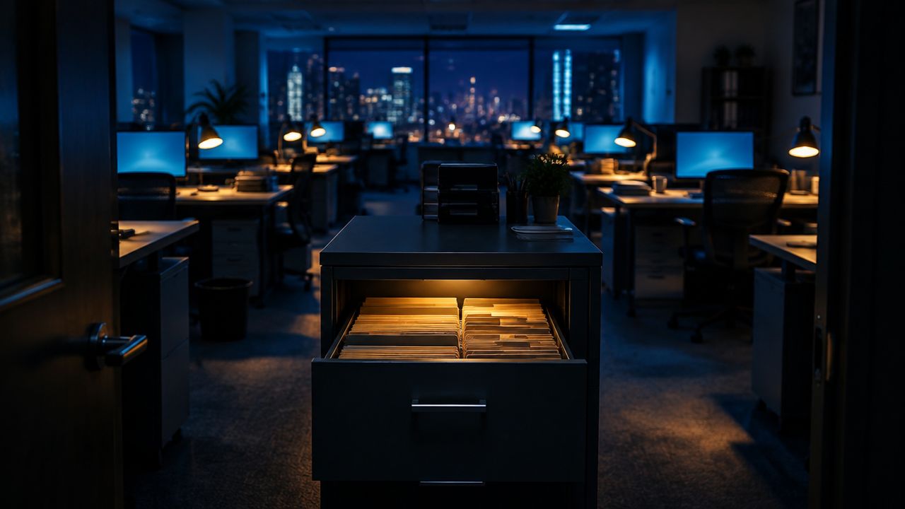 Lit, running office at night with an open amber-lit archive drawer in the foreground holding indexed folders