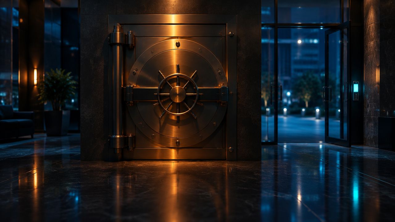 Open glass entrance with an access card in the reader at night, and a closed steel vault door lit amber in front