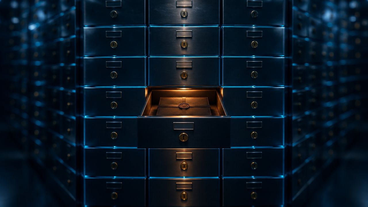 Wall of identical steel deposit drawers, one open with a sealed case in amber light, showing separate client backups