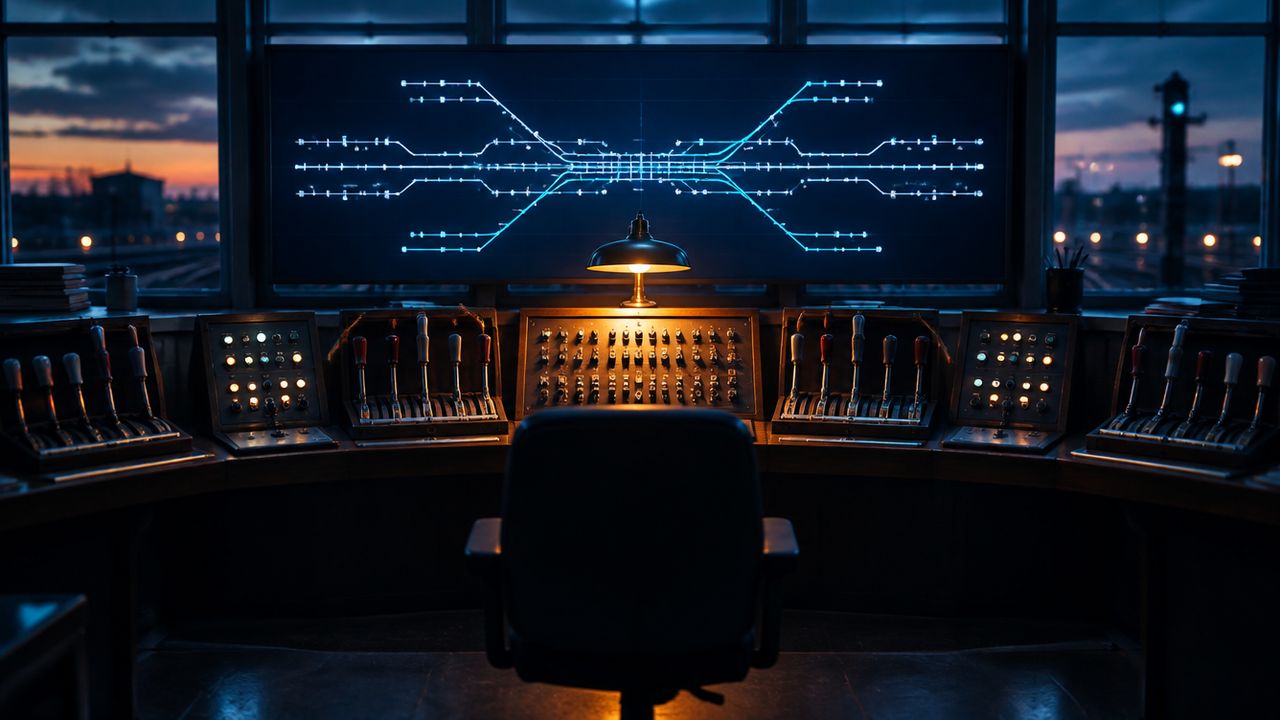 Empty operator chair at a control desk of separate panels under a blue route diagram, showing one view of many clients
