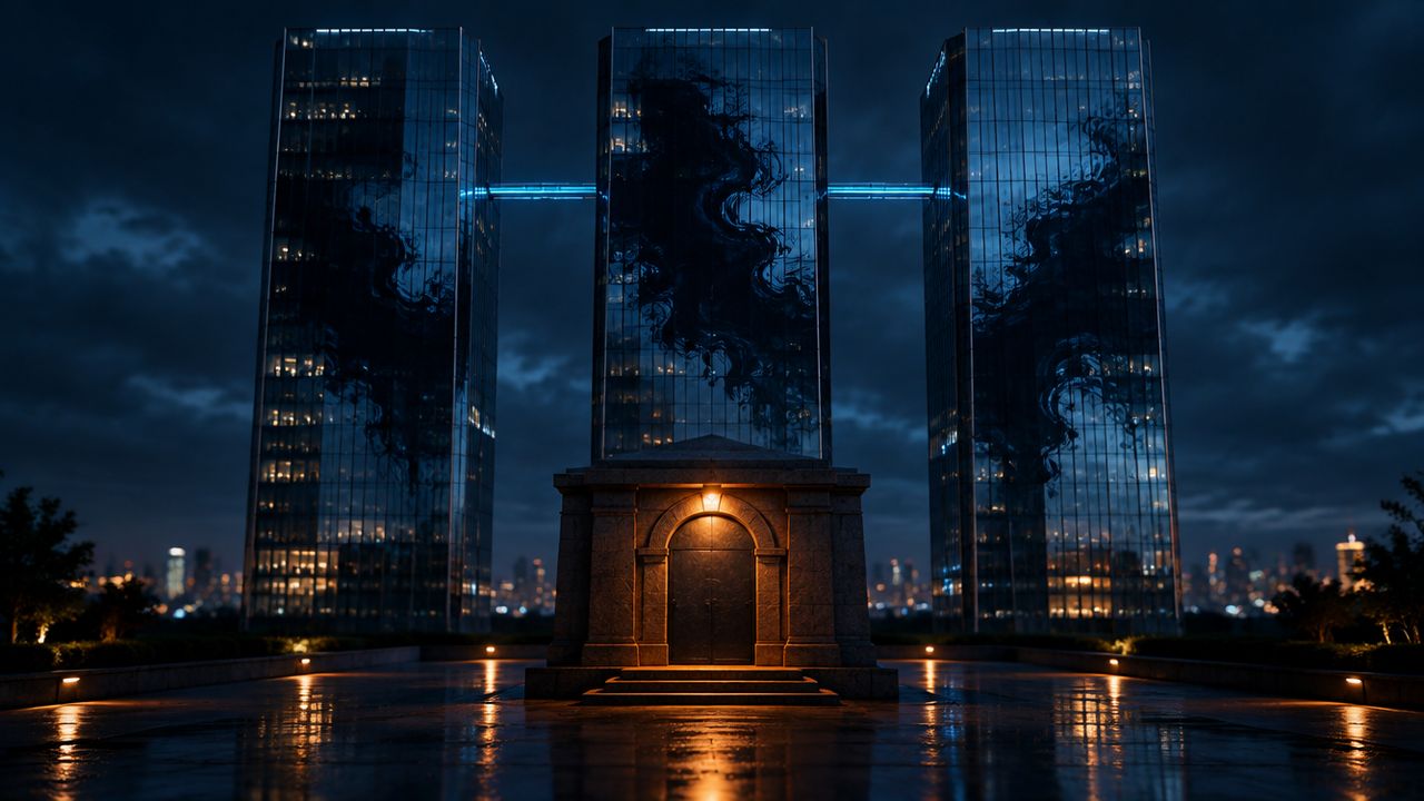 Three linked glass towers sharing the same dark stain at night, with a separate amber-lit stone vault in front