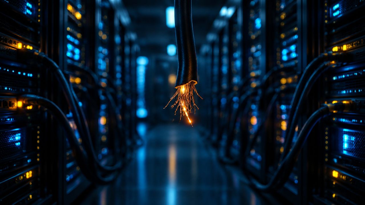 Running server racks in a dark data hall, with one severed cable in focus showing a single external dependency failing