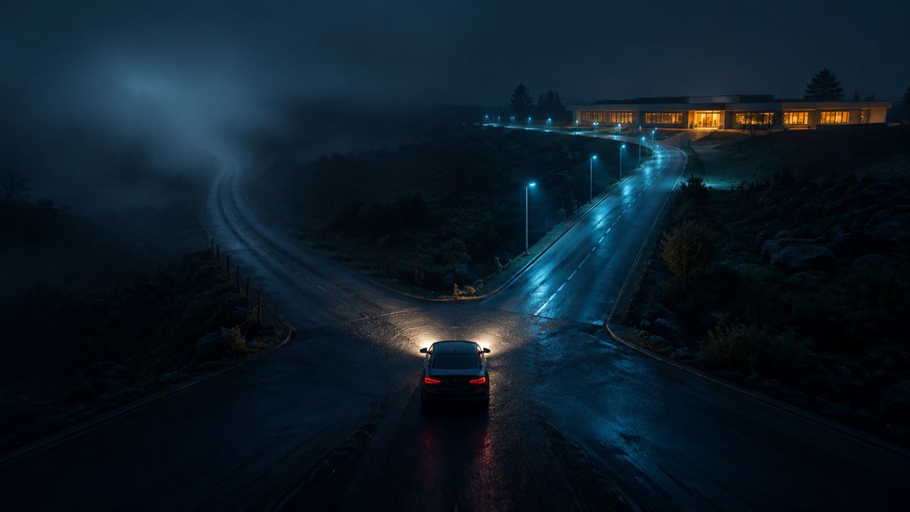 A car waits at a night-time crossroads between a dark foggy road and a lit road, illustrating the ransom decision