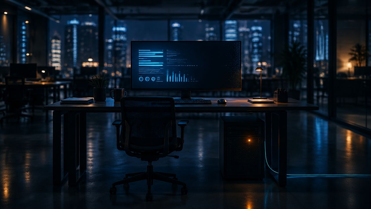 Night-time office desk with a dashboard fading from a monitor and a small gateway server glowing beneath the desk