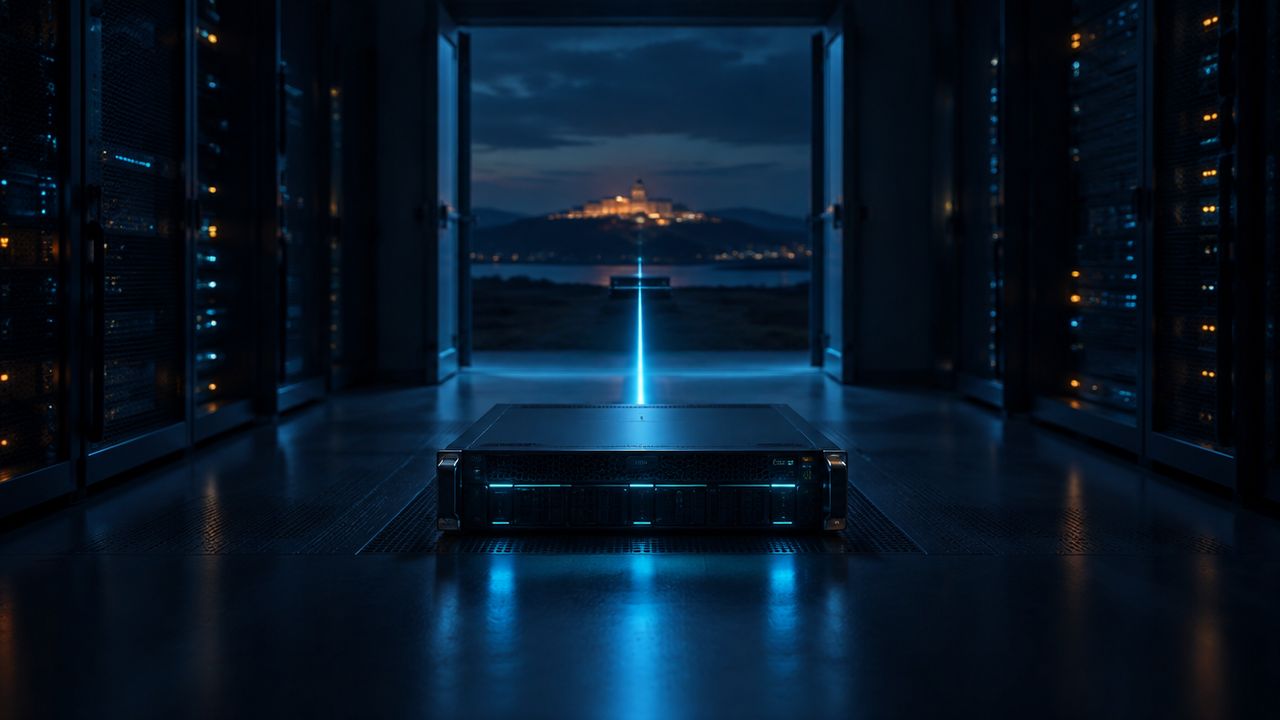 Rack server in a dark server room with a beam of light leading to a distant building, suggesting an offsite backup copy