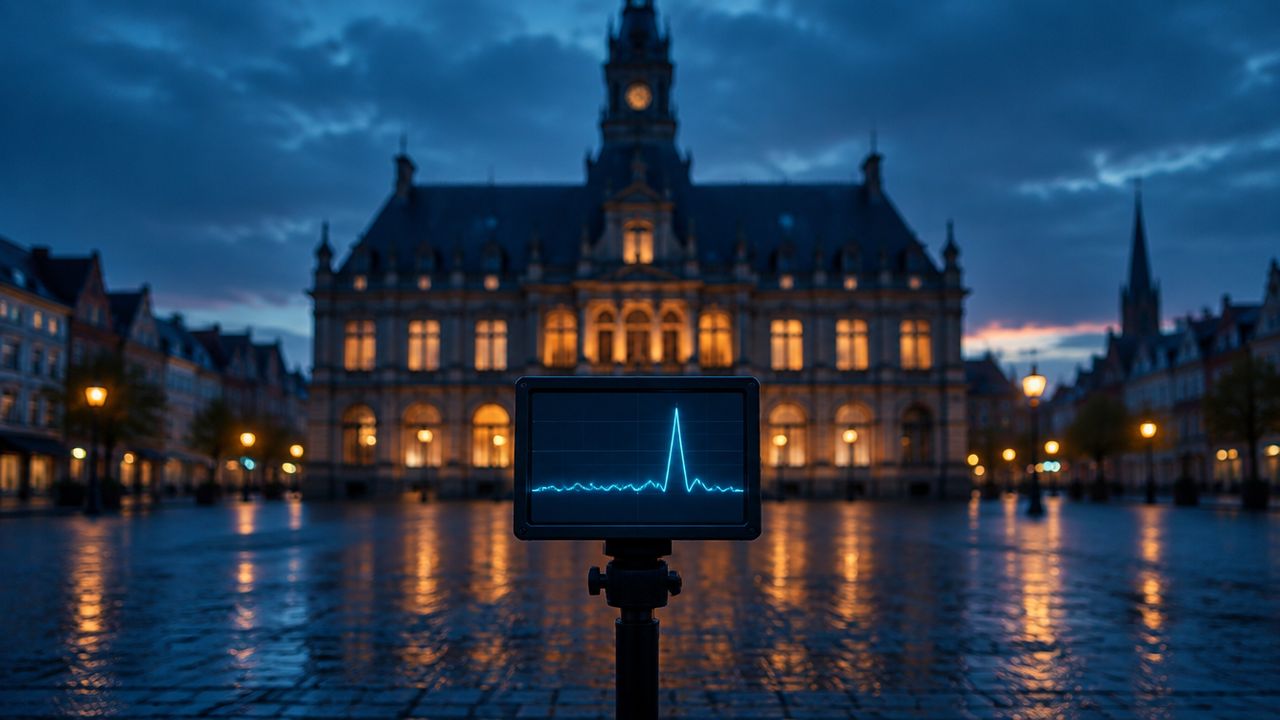 Monitoring screen with a spiking line graph in the foreground and a lit European town hall at dusk behind it