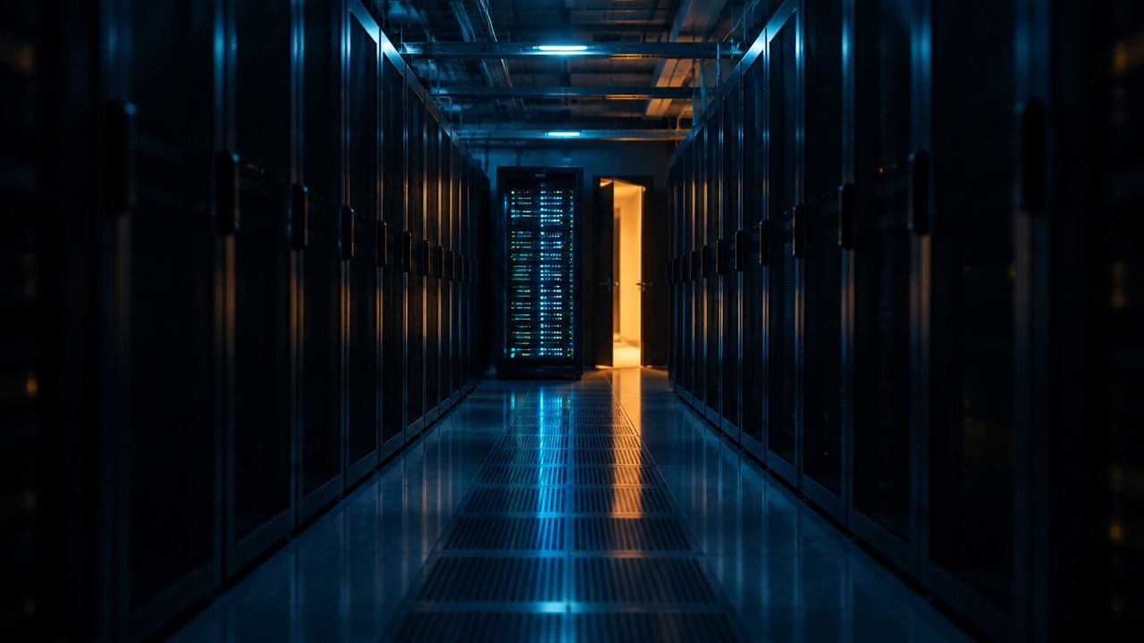 A dark data centre corridor where one server rack in the centre has powered back on, symbolising ransomware recovery