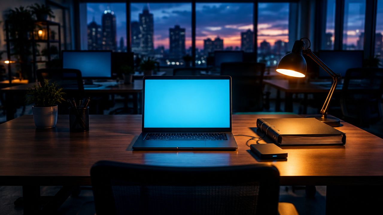 Office desk at dusk with a frozen laptop screen beside a paper binder and external drive under an amber lamp