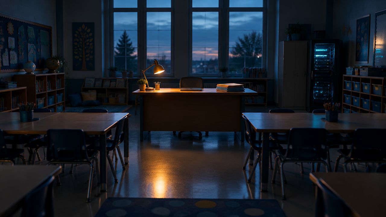 Empty classroom at dusk with a laptop and folders on the teacher's desk, representing the pupil data schools must protect