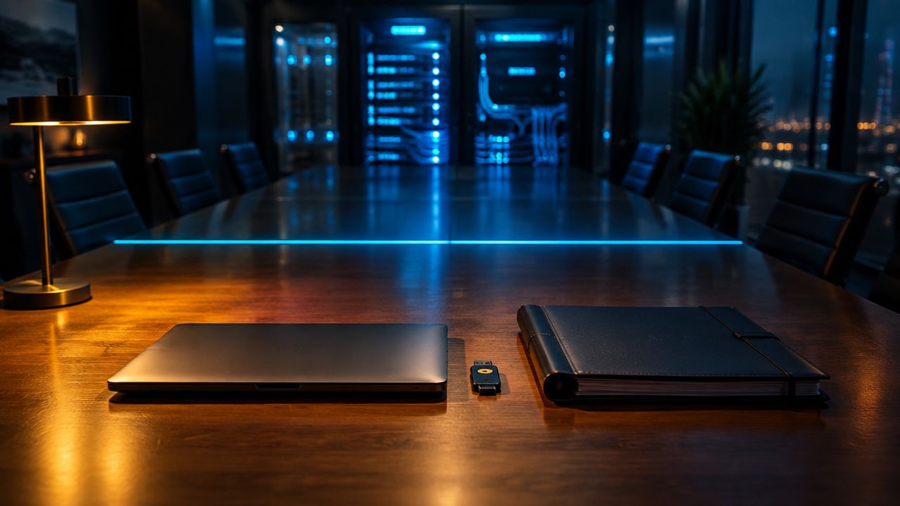 Boardroom table split by cyan light: server hardware on the far side, a laptop, security key and files nearby