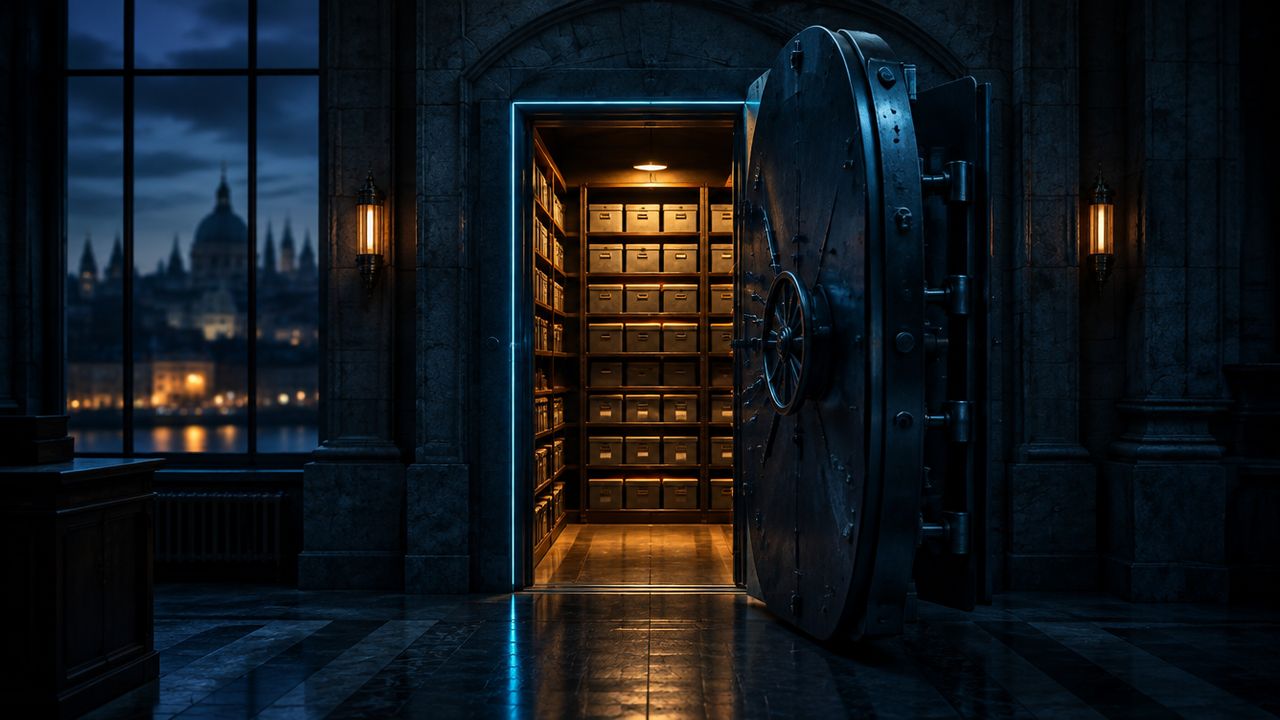 Half-open archive vault door in a stone building at night, amber-lit storage shelves inside and a city skyline beyond