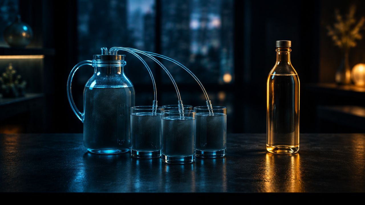 Connected glasses sharing the same cloudy water beside a separate sealed bottle of clear water, lit amber on a dark desk
