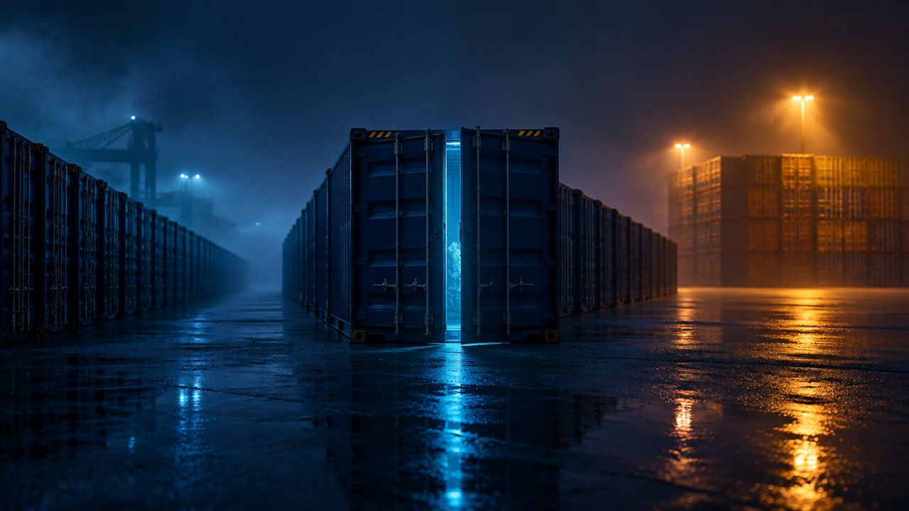 Shipping containers at night with one container in the centre ajar and lit from inside, symbolising supply chain risk