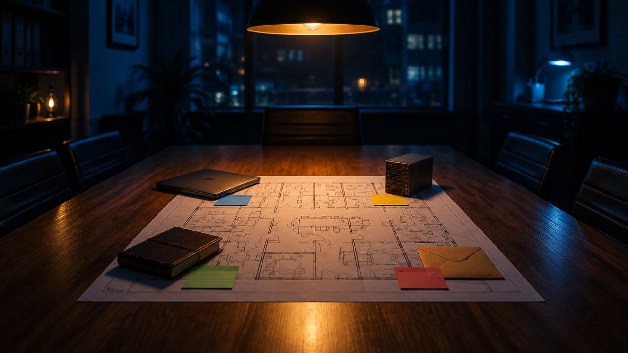 Office table at night with a floor plan, index cards and small objects for laptop, server and ledger, mapping a backup plan