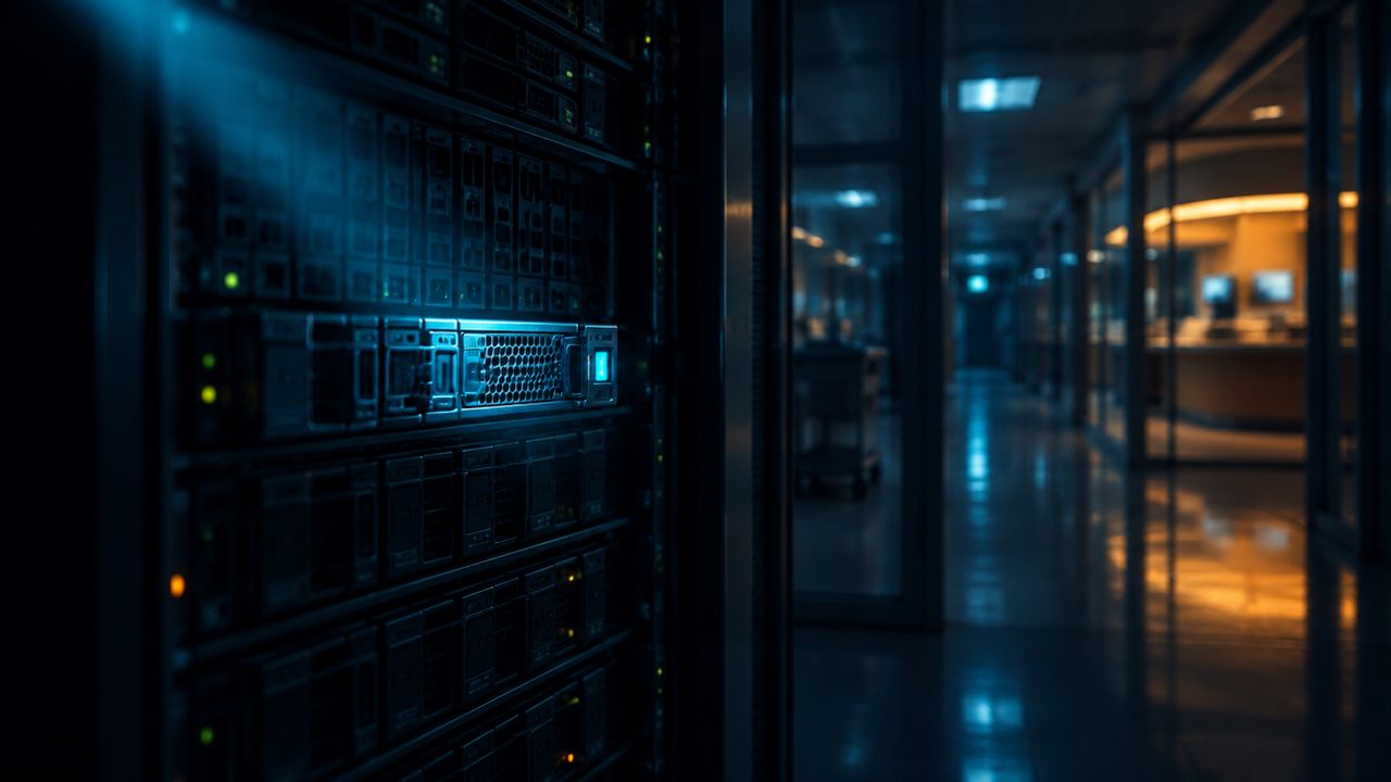 Beam of light scanning a rack of backup drives in a dim hospital server room, with a blurred corridor behind