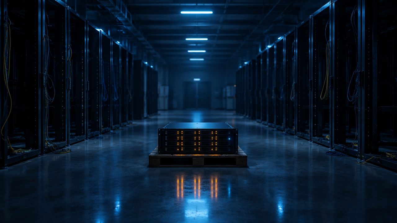 Empty data centre hall with bare racks and one intact storage unit glowing in the centre, a copy that survived the deletion
