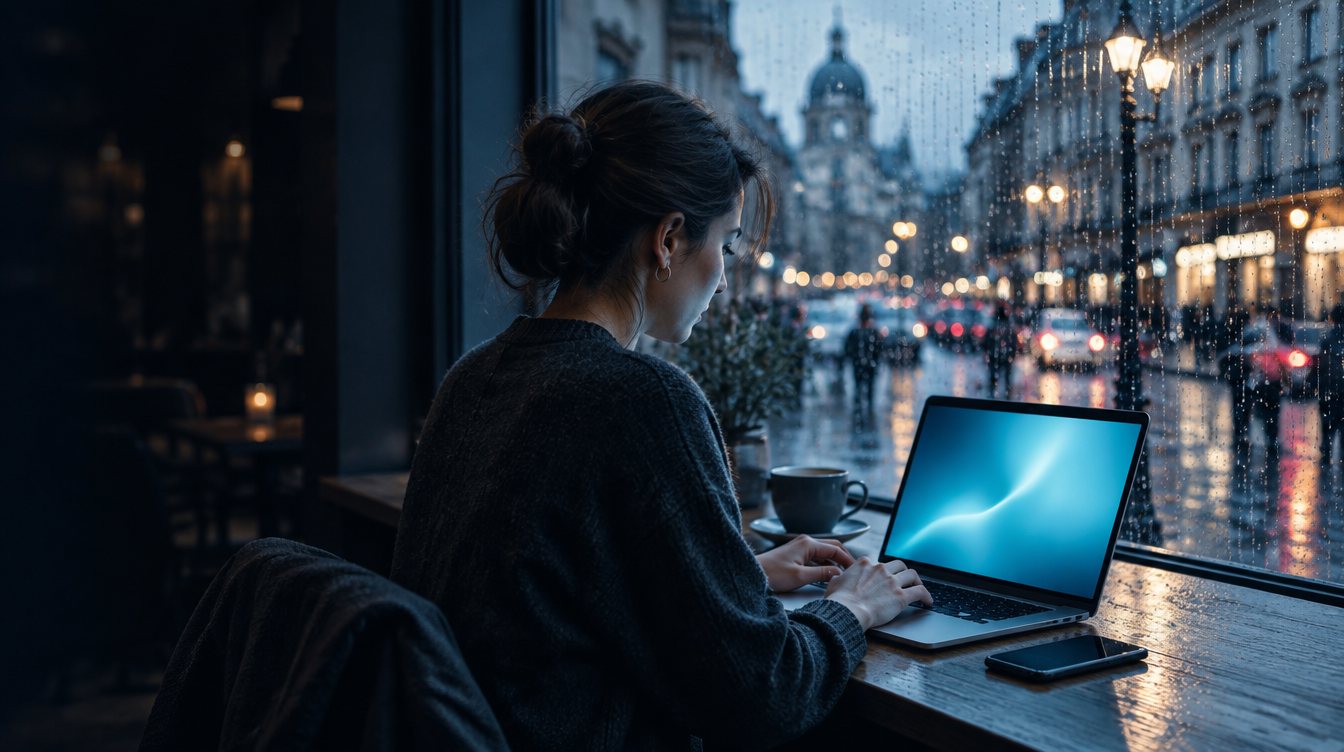 A laptop on a café table at dusk, one of the endpoints Mindtime backs up